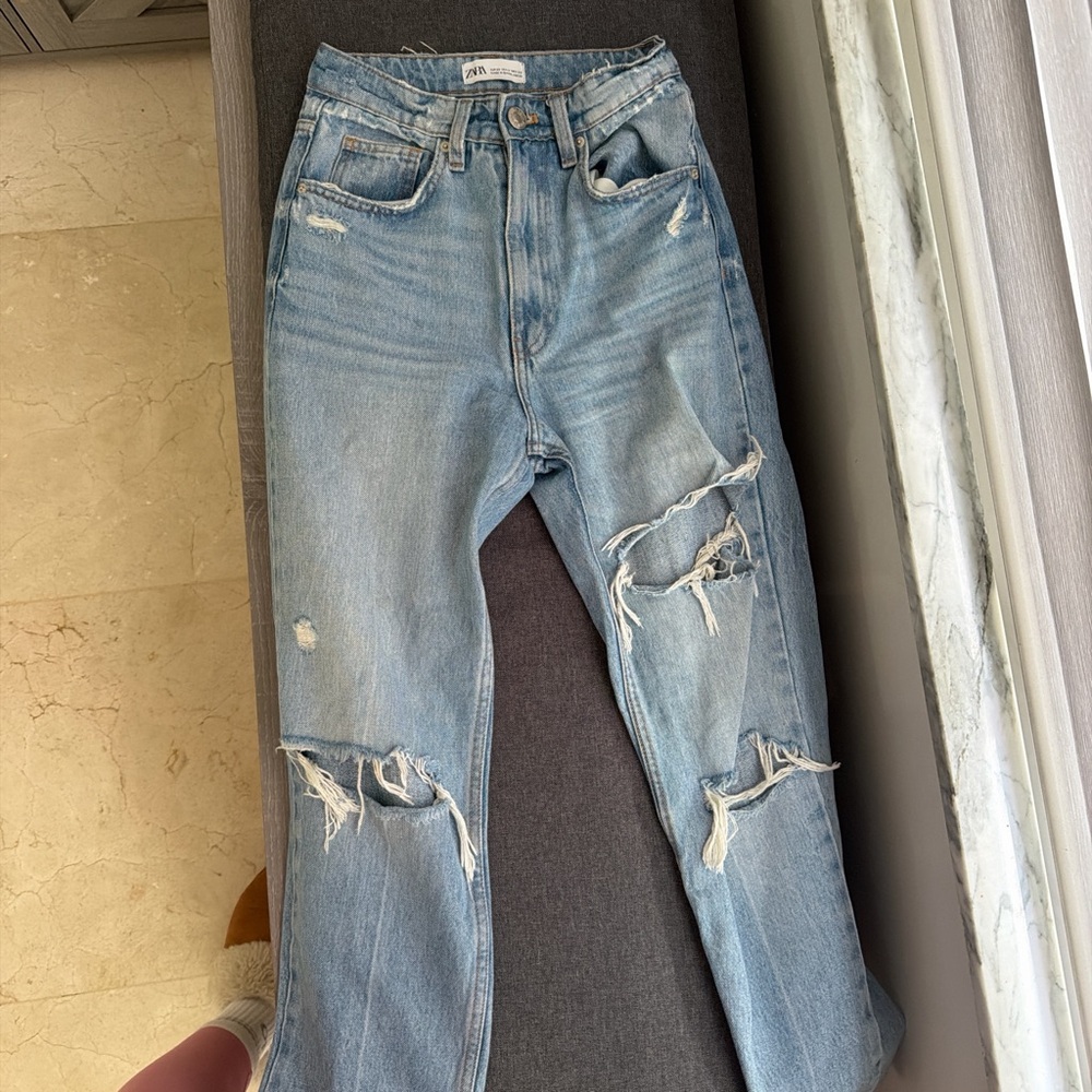 Zara Light Blue Distressed Wide-Leg Jeans